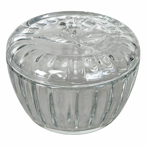 Vintage LB Italy Trinket Box Raised Rose Lid Pressed Clear Glass Vanity Jar EUC - Picture 1 of 11